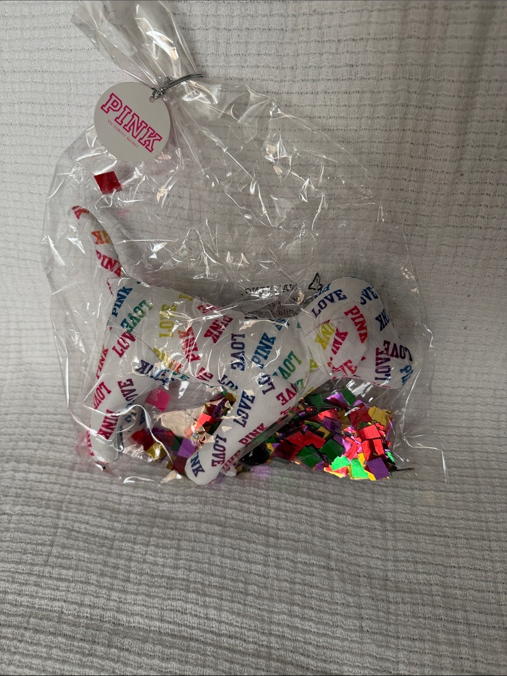 PINK Victoria's Secret White Ribbon Bow with Rainbow Confetti